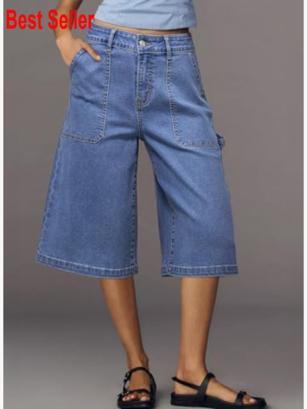 High Waisted Stretch Wide Leg Cargo Denim Shorts Below Knee Length - Picture 2 of 6